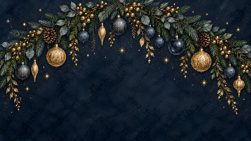 A dark midnight blue mural featuring a decorative Christmas garland with gold baubles, pinecones, and stars.