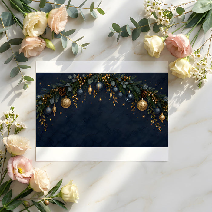 Moody entryway with a dark navy winter garland wallpaper creating an elegant holiday welcome.