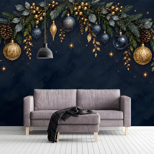 A cozy entryeway lounge area featuring a festive holiday garland mural above a velvet sofa.