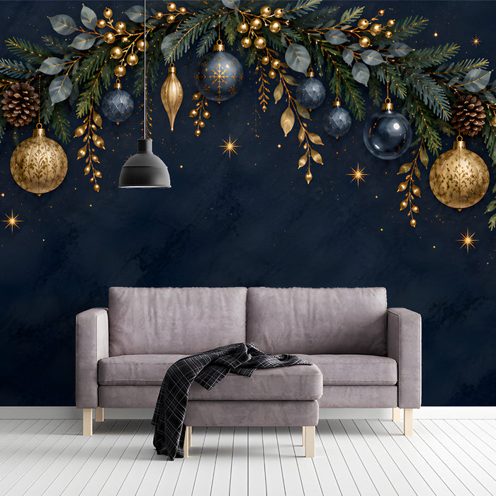 A cozy entryeway lounge area featuring a festive holiday garland mural above a velvet sofa.