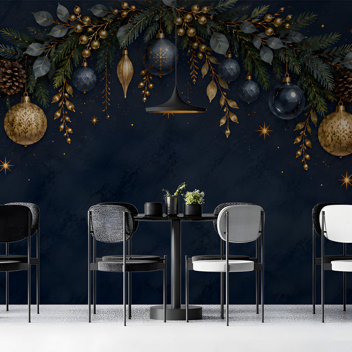 Festive bar wall featuring a navy-blue garland mural backdrop behind a long wooden table.