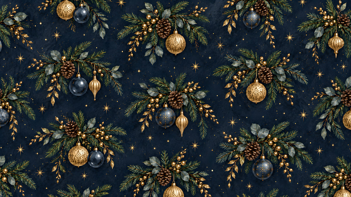 Navy blue wallpaper pattern with gold ornaments, pinecones, and evergreen branches