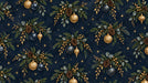 Navy blue wallpaper pattern with gold ornaments, pinecones, and evergreen branches