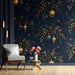 Study with dark blue holiday-inspired mural wallpaper