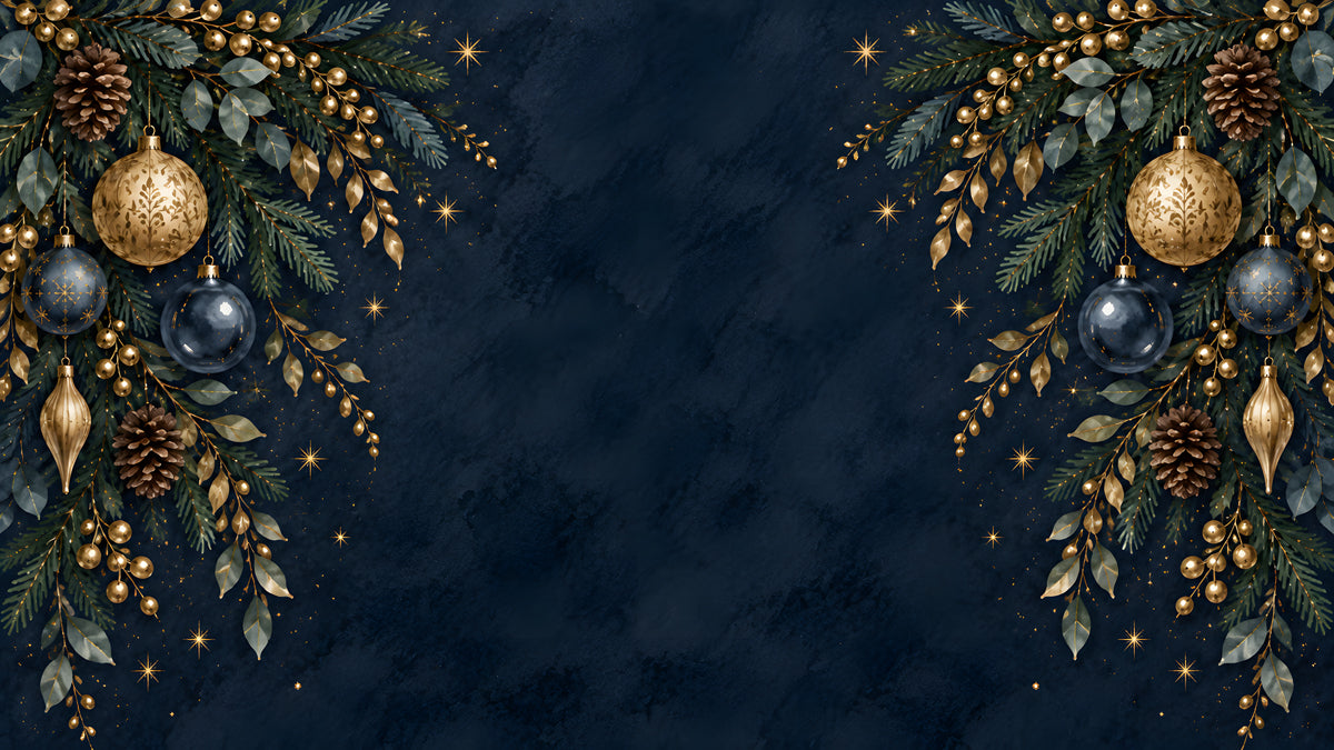 Decorative holiday mural featuring golden ornaments, pinecones, and pine branches against a dark navy textured background.