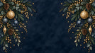 Decorative holiday mural featuring golden ornaments, pinecones, and pine branches against a dark navy textured background.