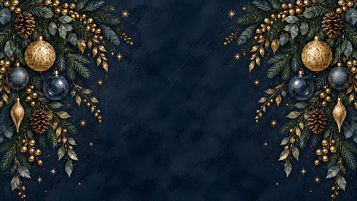 Decorative holiday mural featuring golden ornaments, pinecones, and pine branches against a dark navy textured background.