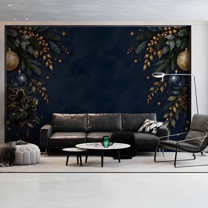 Living room accent wall with a dark blue and gold festive garland mural behind a velvet sofa.