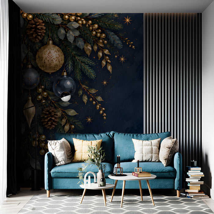 Festive living room wall mural with elegant navy and gold botanical holiday accents.