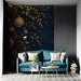 Festive living room wall mural with elegant navy and gold botanical holiday accents.