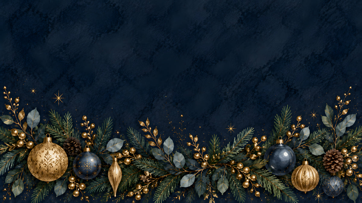 Midnight blue background with a festive garland of gold ornaments, pinecones, and evergreen branches.