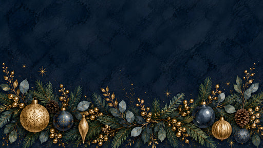 Midnight blue background with a festive garland of gold ornaments, pinecones, and evergreen branches.