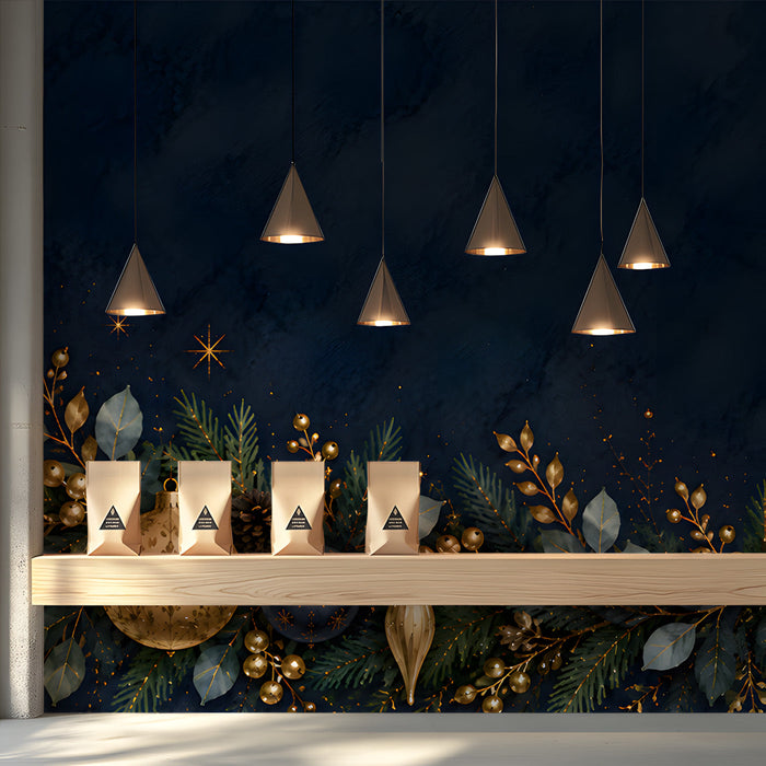 Grand shop wall mural showcasing a deep blue and gold winter garland motif.