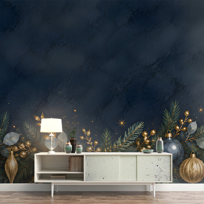 Festive bedroom wall mural featuring navy blue and gold Christmas ornaments and garlands.