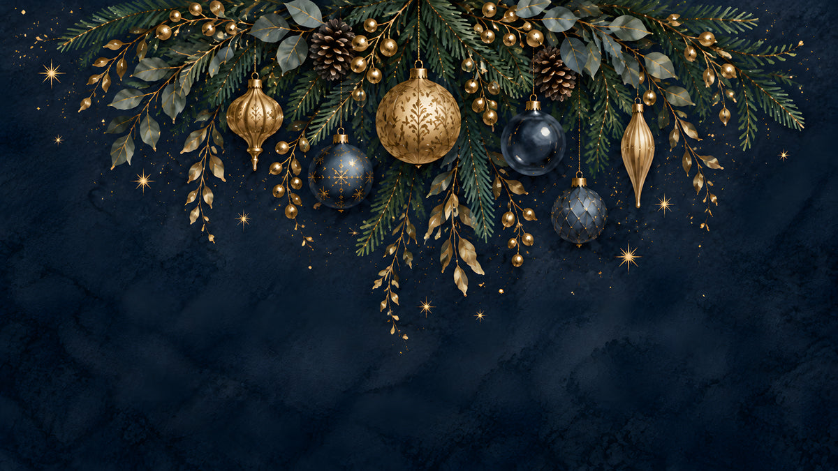 A festive wallpaper pattern with pine branches, golden pinecones, and navy blue and gold Christmas ornaments on a dark navy background