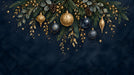 A festive wallpaper pattern with pine branches, golden pinecones, and navy blue and gold Christmas ornaments on a dark navy background