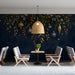 A sophisticated restaurant with dark blue festive wallpaper and gold accents creating a luxurious reading environment