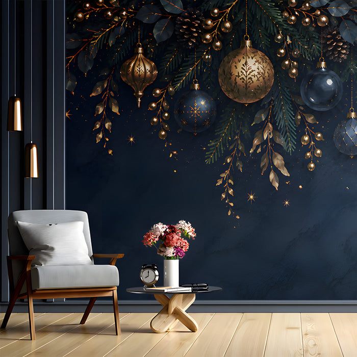 A formal study featuring the midnight blue and gold ornament wallpaper as a dramatic backdrop for a candlelit dinner