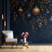 A formal study featuring the midnight blue and gold ornament wallpaper as a dramatic backdrop for a candlelit dinner