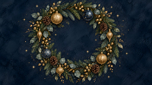 A lush evergreen holiday wreath with gold ornaments and stars set against a deep midnight blue, painterly textured background.