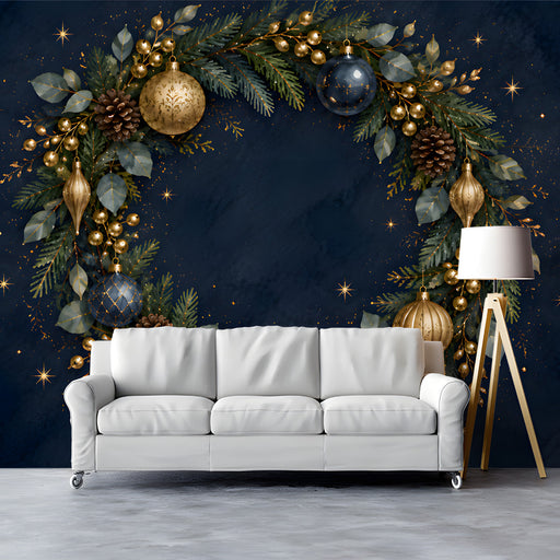 A sophisticated entryway decorated with a luxury holiday wreath mural, creating a welcoming and elegant seasonal display.