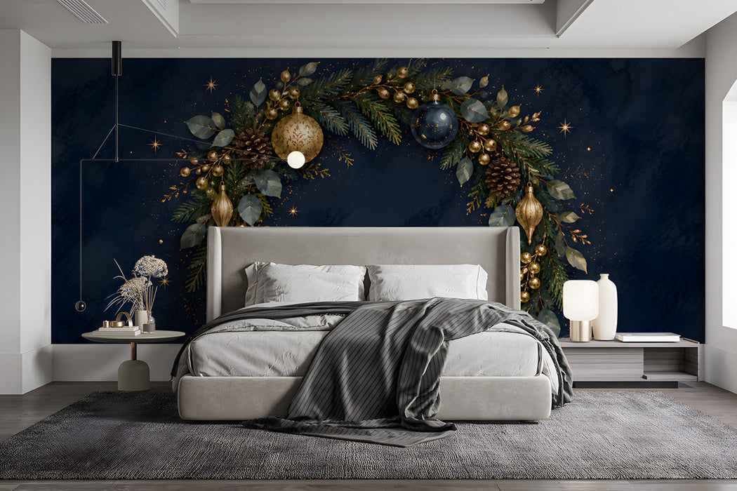 A festive bedroom with a deep navy wreath mural behind a dark wood table, set for a holiday dinner with brass accents.