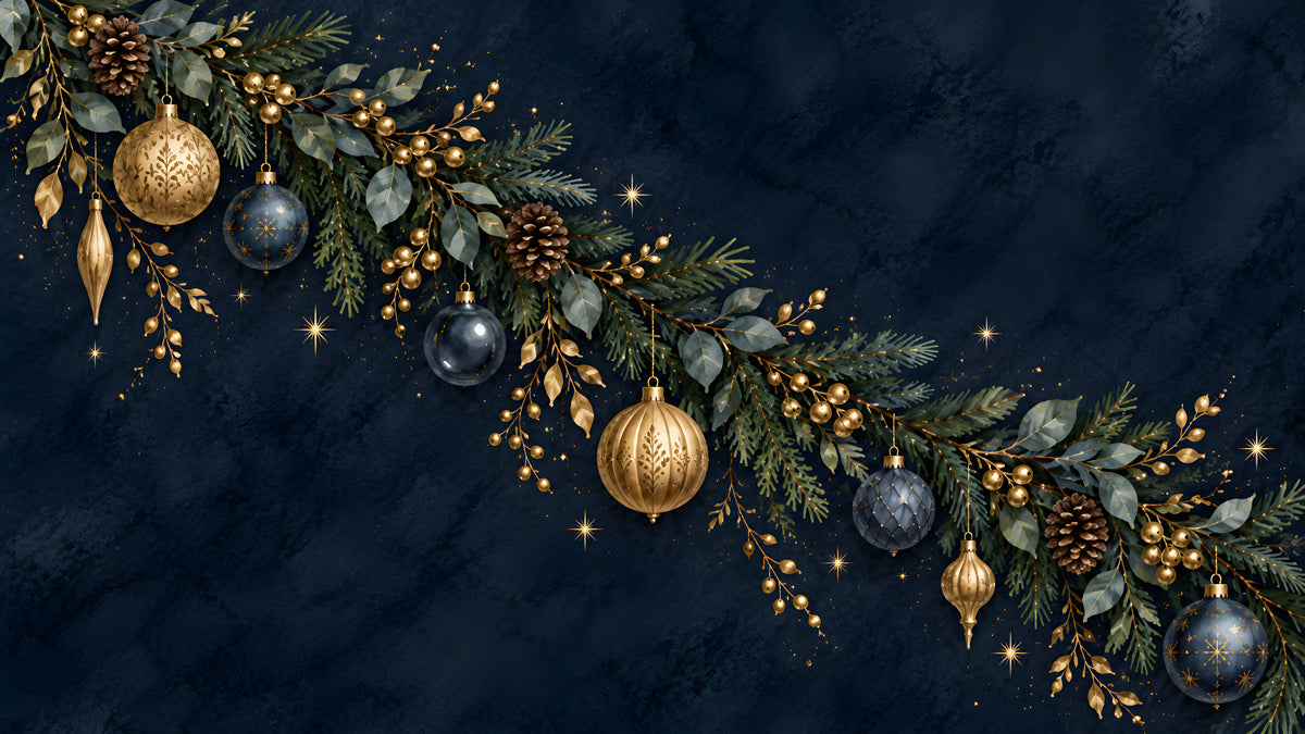 Festive mural with navy blue background, green pine boughs, gold ornaments, and pinecones.