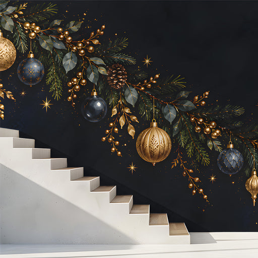 Elegant seasonal wall mural installed in a library with metallic accents.