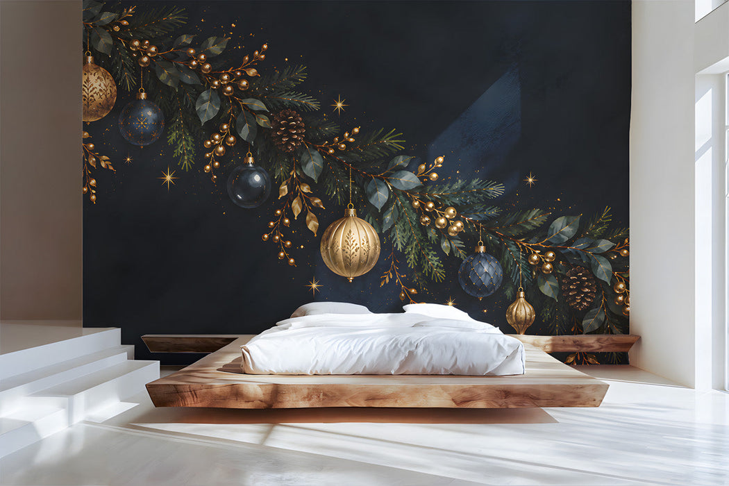 Holiday garland wall mural in a sophisticated bedroom with dark wood furniture.