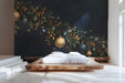 Holiday garland wall mural in a sophisticated bedroom with dark wood furniture.