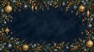 Festive holiday mural with evergreen branches, gold baubles, and stars on a dark charcoal background.