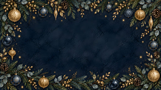 Festive holiday mural with evergreen branches, gold baubles, and stars on a dark charcoal background.