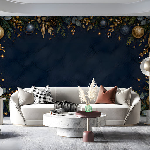 A sophisticated commercial foyer decorated with a dark seasonal holiday mural for a grand impression.