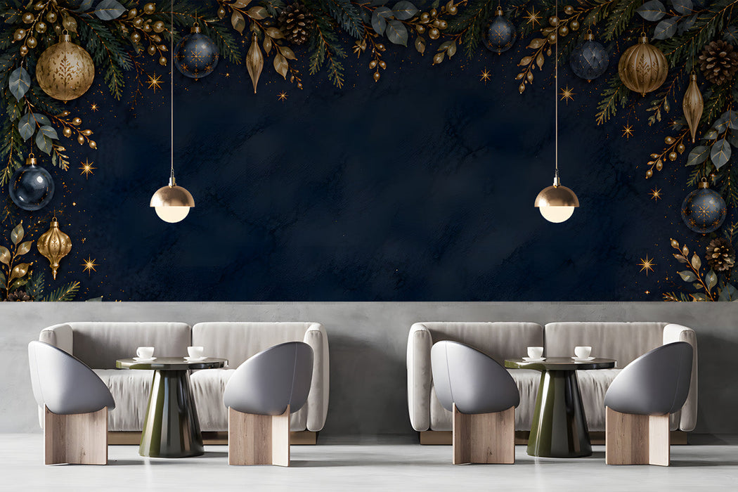 A cozy cafe featuring a holiday garland wall mural behind a dark fireplace mantel.