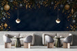 A cozy cafe featuring a holiday garland wall mural behind a dark fireplace mantel.