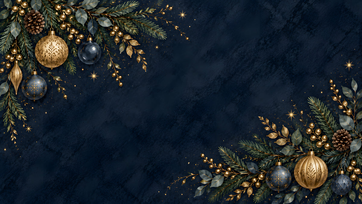 Festive holiday garland mural with gold ornaments, pine needles, and glittering stars on a deep charcoal navy textured background