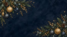 Festive holiday garland mural with gold ornaments, pine needles, and glittering stars on a deep charcoal navy textured background