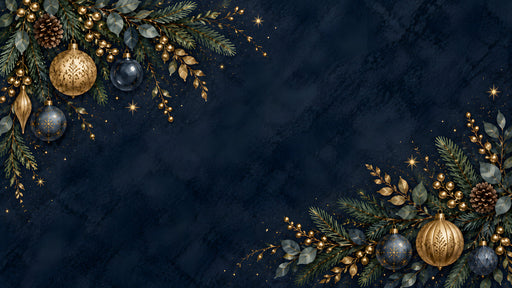 Festive holiday garland mural with gold ornaments, pine needles, and glittering stars on a deep charcoal navy textured background
