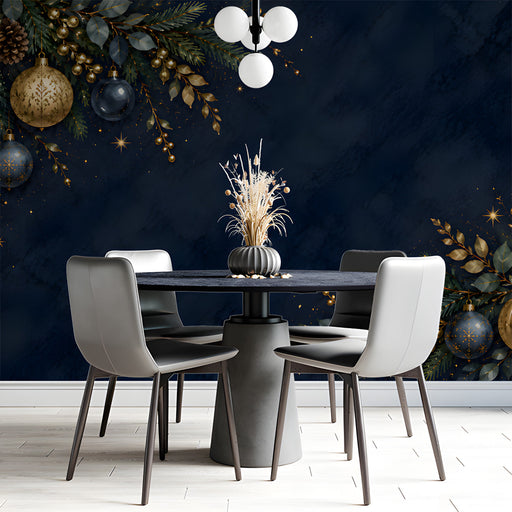 Sophisticated dining room wall featuring an elegant Christmas ornament and evergreen branch wallpaper design