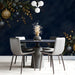 Sophisticated dining room wall featuring an elegant Christmas ornament and evergreen branch wallpaper design