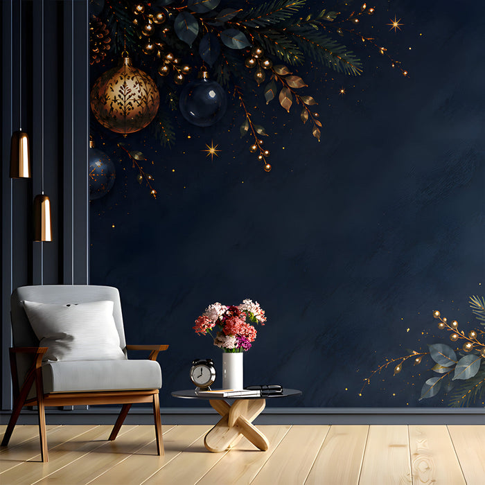 Study wall featuring a dark navy festive garland mural as a luxurious holiday backdrop