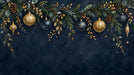 A dark midnight blue mural featuring gold and navy Christmas ornaments hanging from lush green pine branches.