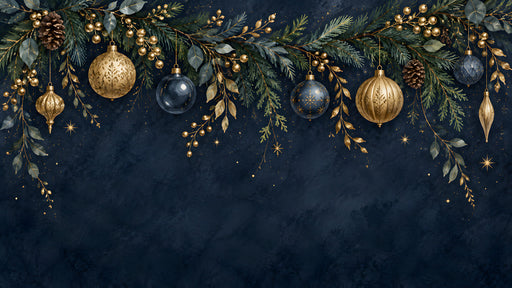 A dark midnight blue mural featuring gold and navy Christmas ornaments hanging from lush green pine branches.