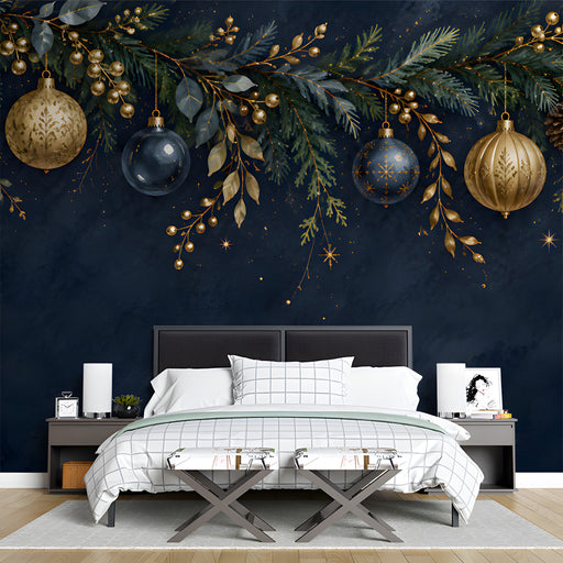 Sophisticated bedroom decor featuring a navy, green, and gold holiday mural design.