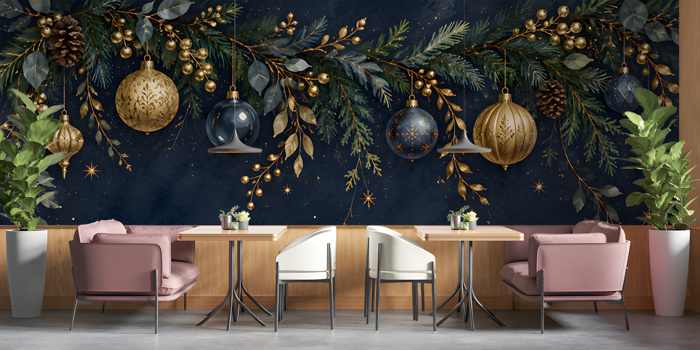 Festive holiday dining room featuring an elegant navy and gold ornament feature wall.