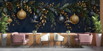 Festive holiday dining room featuring an elegant navy and gold ornament feature wall.