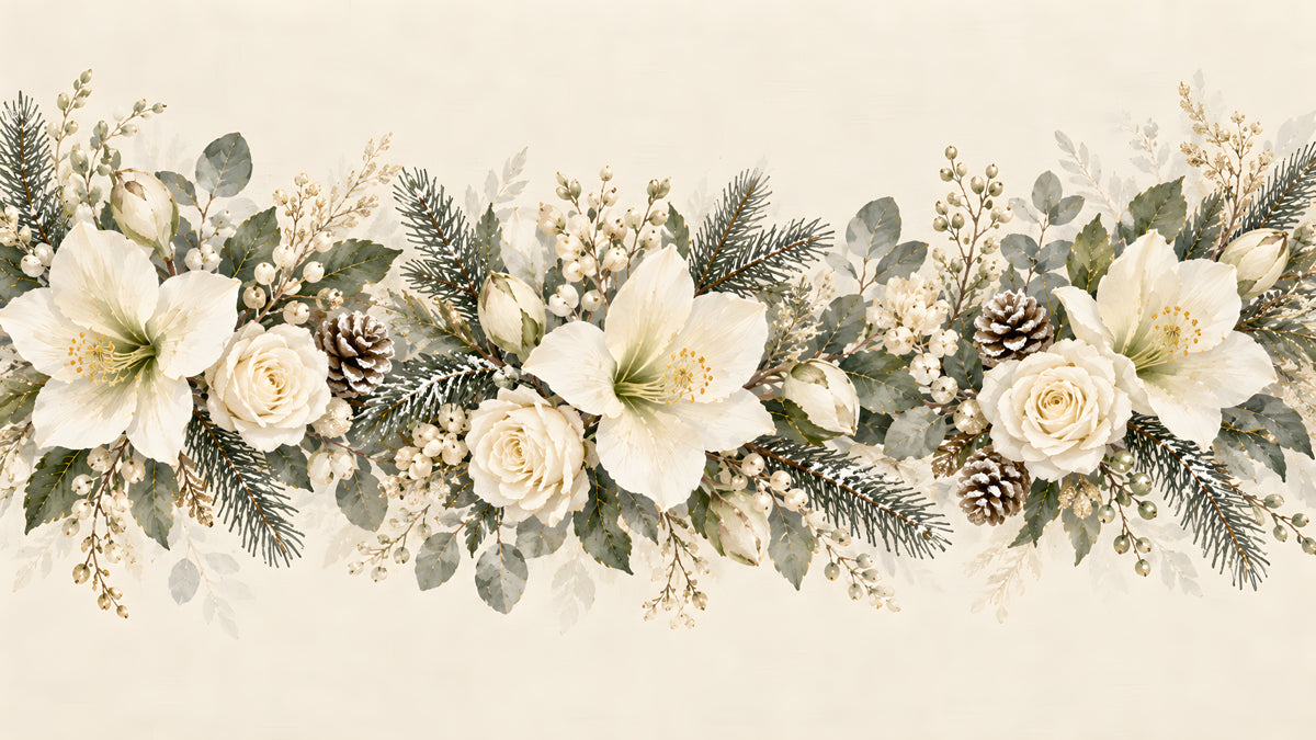A horizontal garland wallpaper pattern featuring cream flowers, pine needles, berries, and pinecones on a cream background.