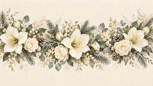 A horizontal garland wallpaper pattern featuring cream flowers, pine needles, berries, and pinecones on a cream background.