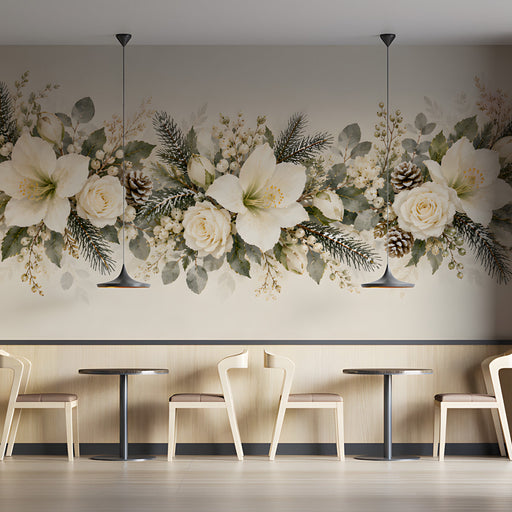 A refined bar space with the winter garland mural installed on a feature wall above a minimalist desk.