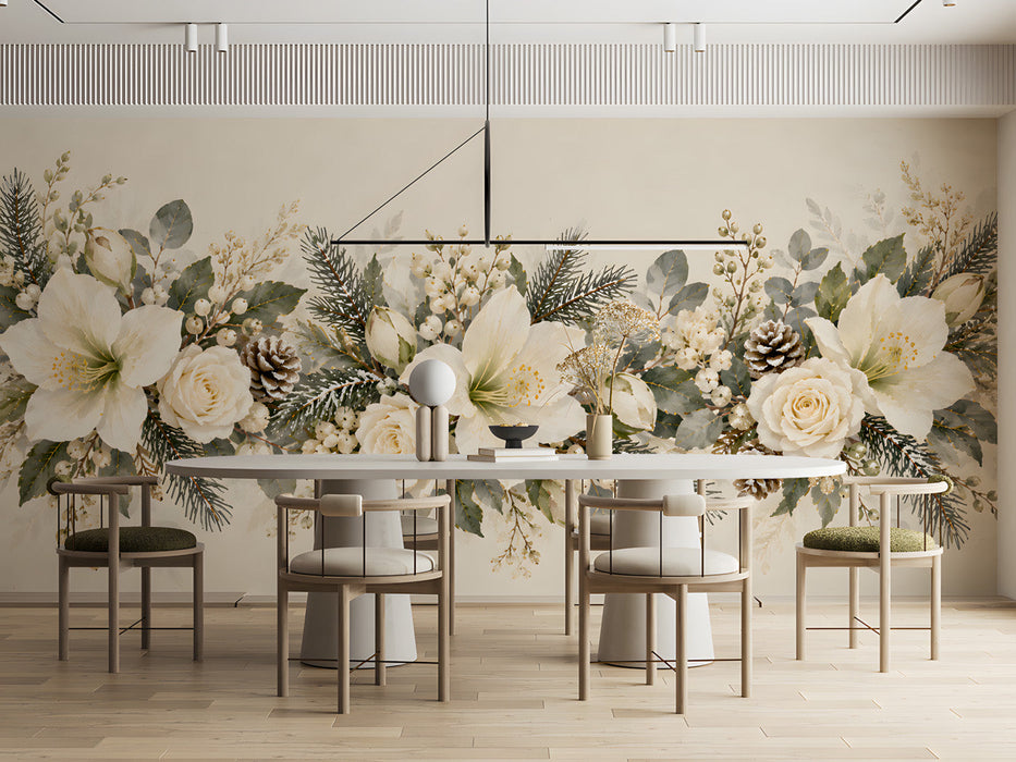 A cozy dining room featuring the floral garland mural above a dark wood sideboard and white dinnerware.